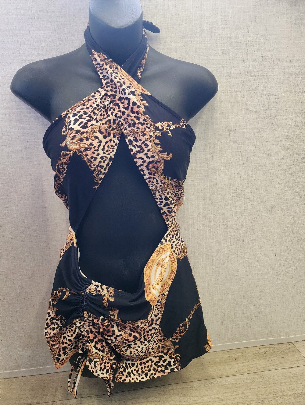 Black & Gold Baroque Leopard Halter One Piece Swim Dress